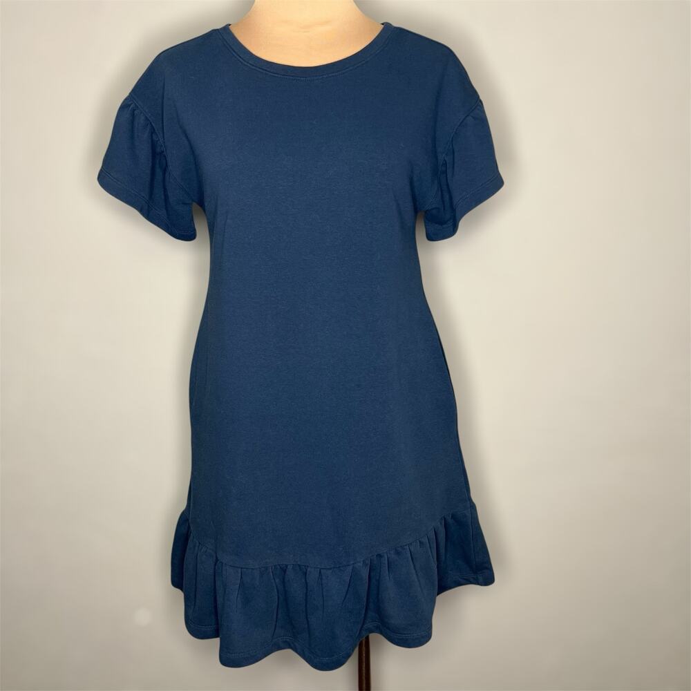 LOFT Ann Taylor Dress w Pockets Small Womens Blue Fleece Ruffle Hem Mini Shift
